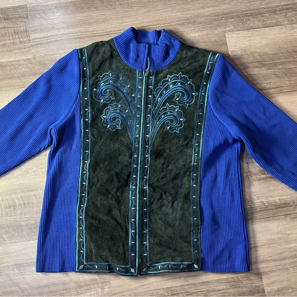 Bob Mackie Women Wearable Art Suede Black Blue Embroidered Zip Knit Jacket Sz L - Picture 2 of 14